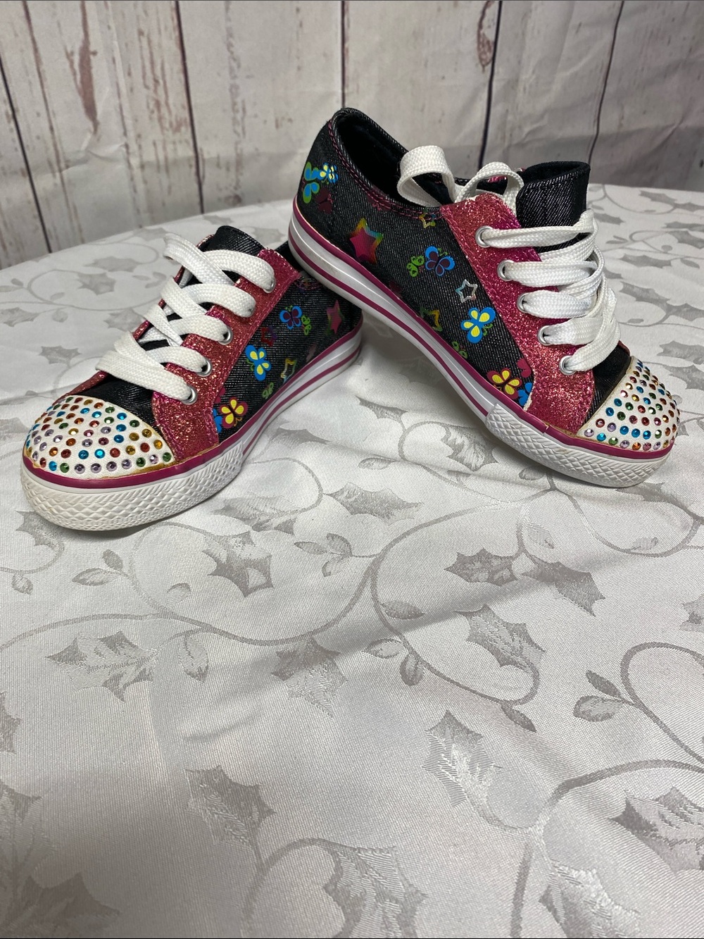 jumping beans Black and Pink Floral Glitter Sneakers with Multicolor Gems